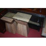 A contemporary heavy glass topped and travertine based console table, w.122cm; together with a