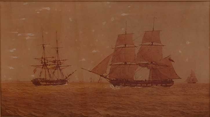 William Joy (1803-1867) - Naval ships on the calm, sepia watercolour with traces of body colour,