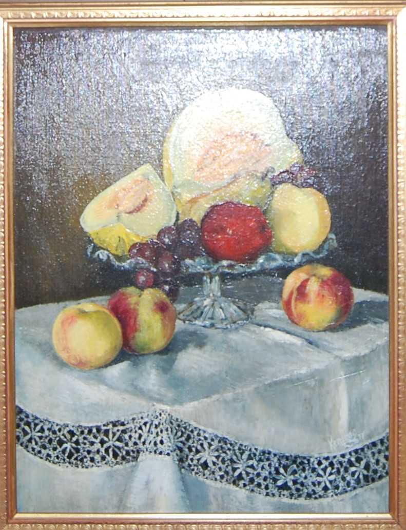 Ken Lang - Still life with fruit, oil on board, signed lower right, 44 x 34cm