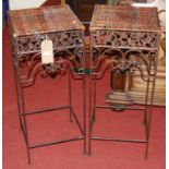 A pair of contemporary wired metal and rattan topped square occasional tables, w.35.5cm