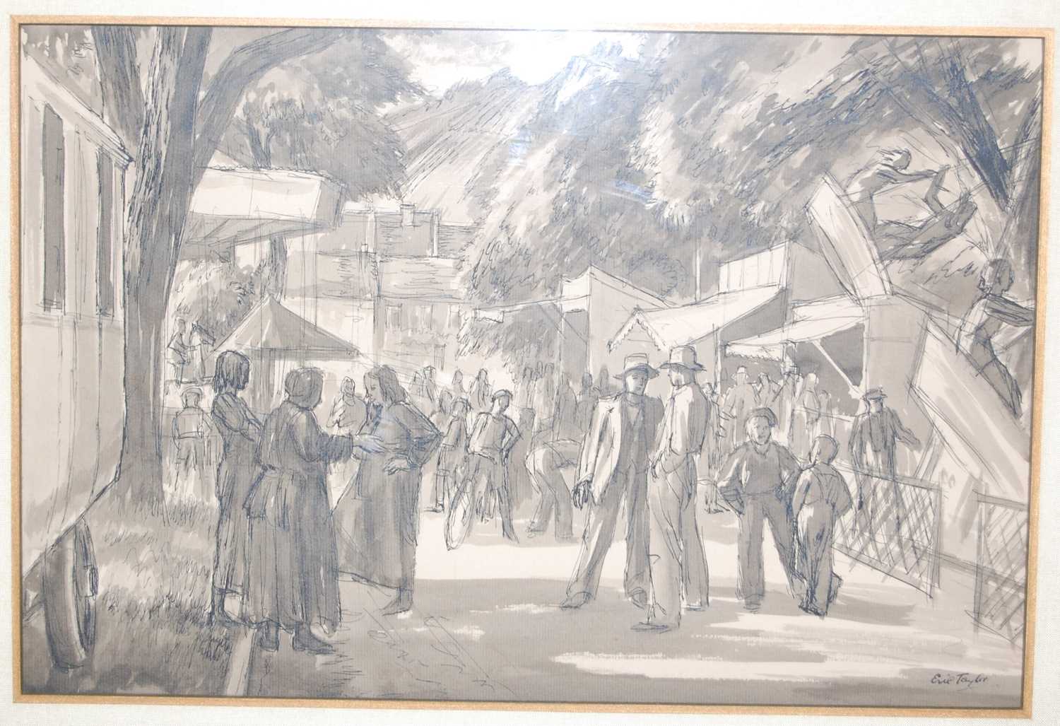 Eric Taylor - Fairground scene, ink and sepia watercolour, signed lower right, 28 x 41cm