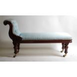 A William IV mahogany framed day-bed, the whole re-upholstered in a buttonback blue silk damask,