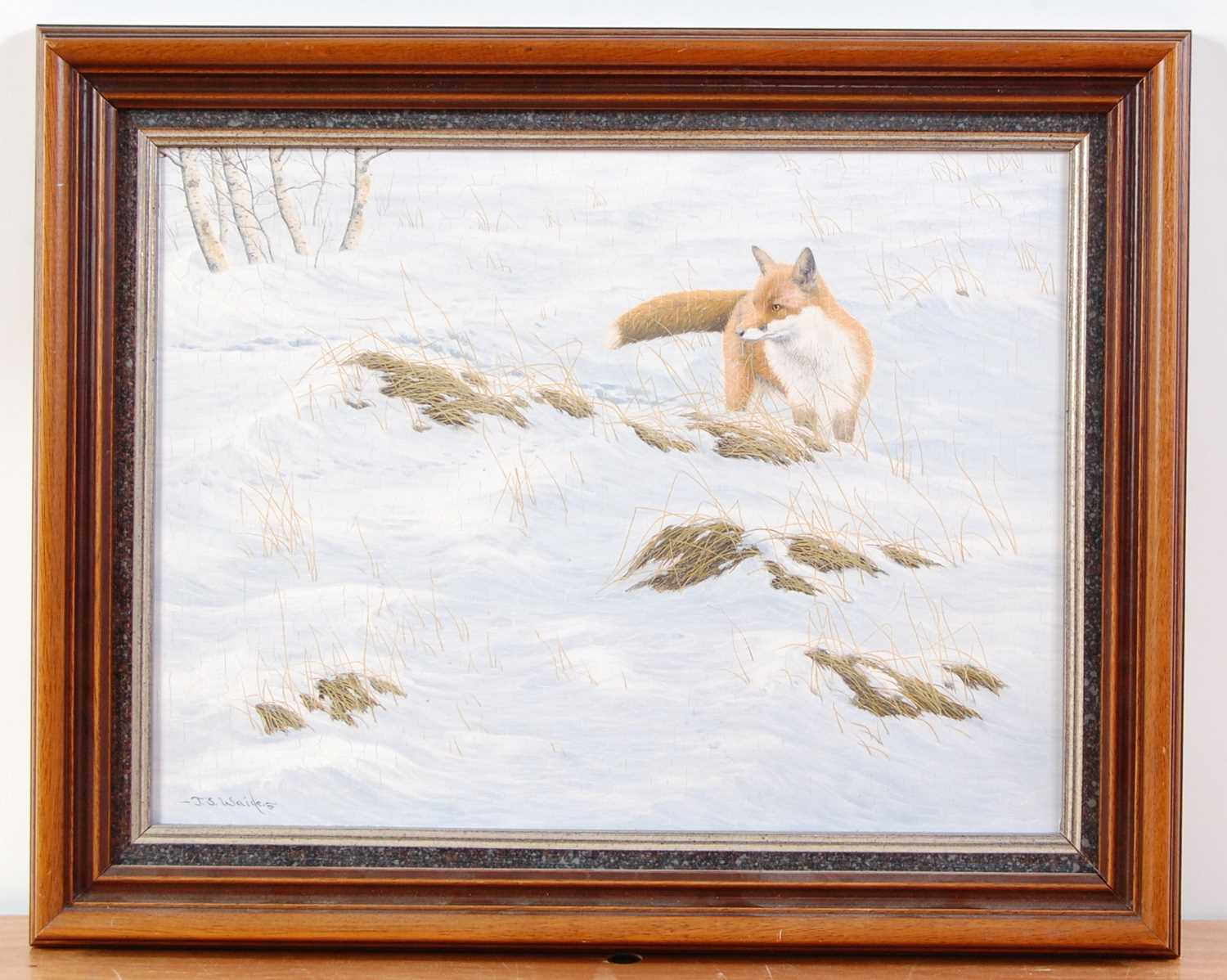 Jerry S. Waide (b.1948) - Fox in a winter landscape, oil on board, signed lower left, 30 x 40cm - Image 2 of 4