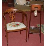 An Edwardian mahogany two-tier plant stand; together with an Edwardian mahogany and satinwood strung