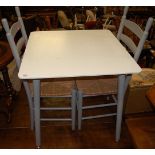 A contemporary white laminate topped and grey painted square breakfast table, with matching pair