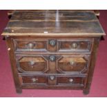 An antique joined and geometric moulded oak chest, of three long drawers, w.88cm