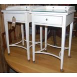 A pair of contemporary white painted three-quarter gallery backed single drawer bedside tables,