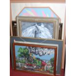 Assorted pictures and prints, to include horses head acrylic on board, framed woolwork etc