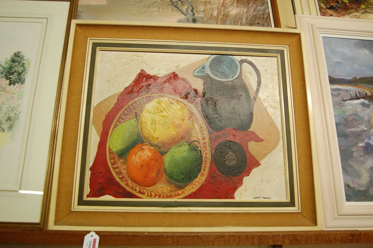 Carmel Mooney - Still Life Fruit in a Bowl with Jug and Saucer, palette knife oil on canvas, - Image 2 of 2
