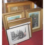 Assorted pictures and prints, to include continental etching, pair of oleographs etc