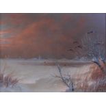 Jacobus Leonardus van der Meide (1910-2002) - Ducks in Flight Over a Lake in a Snowy Winter Scene,
