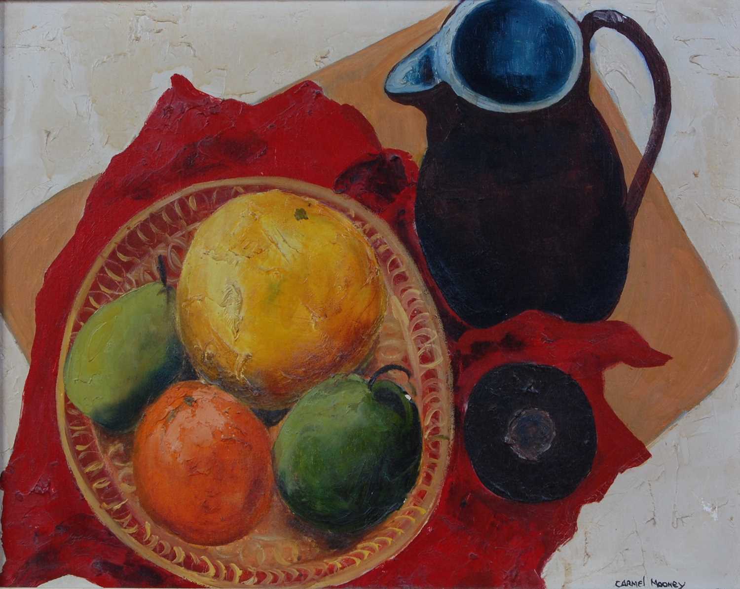 Carmel Mooney - Still Life Fruit in a Bowl with Jug and Saucer, palette knife oil on canvas,