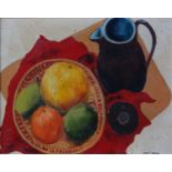 Carmel Mooney - Still Life Fruit in a Bowl with Jug and Saucer, palette knife oil on canvas,