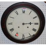 A stained wood framed circular wall clock, with replacement quartz mechanism, dia.38cm