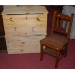 A pair of contemporary pine hinge topped toy boxes, w.81cm; together with a stained beech set of