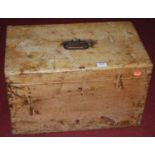 A 19th century rustic pine hinge topped table box, having an applied iron handle, w.50cm