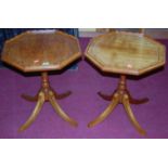 A pair of contemporary satinwood galleried low octagonal pedestal occasional tables, on outswept