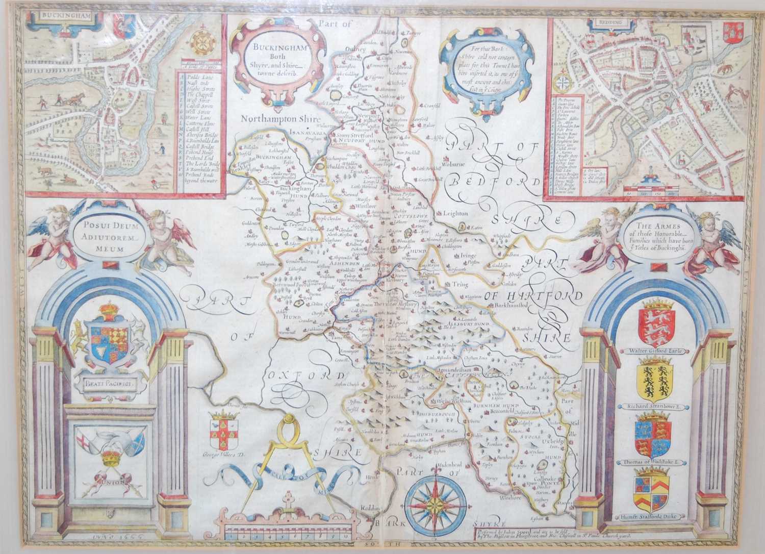 John Speed - engraved county map of Buckinghamshire, showing the Hundreds and inset town plans for