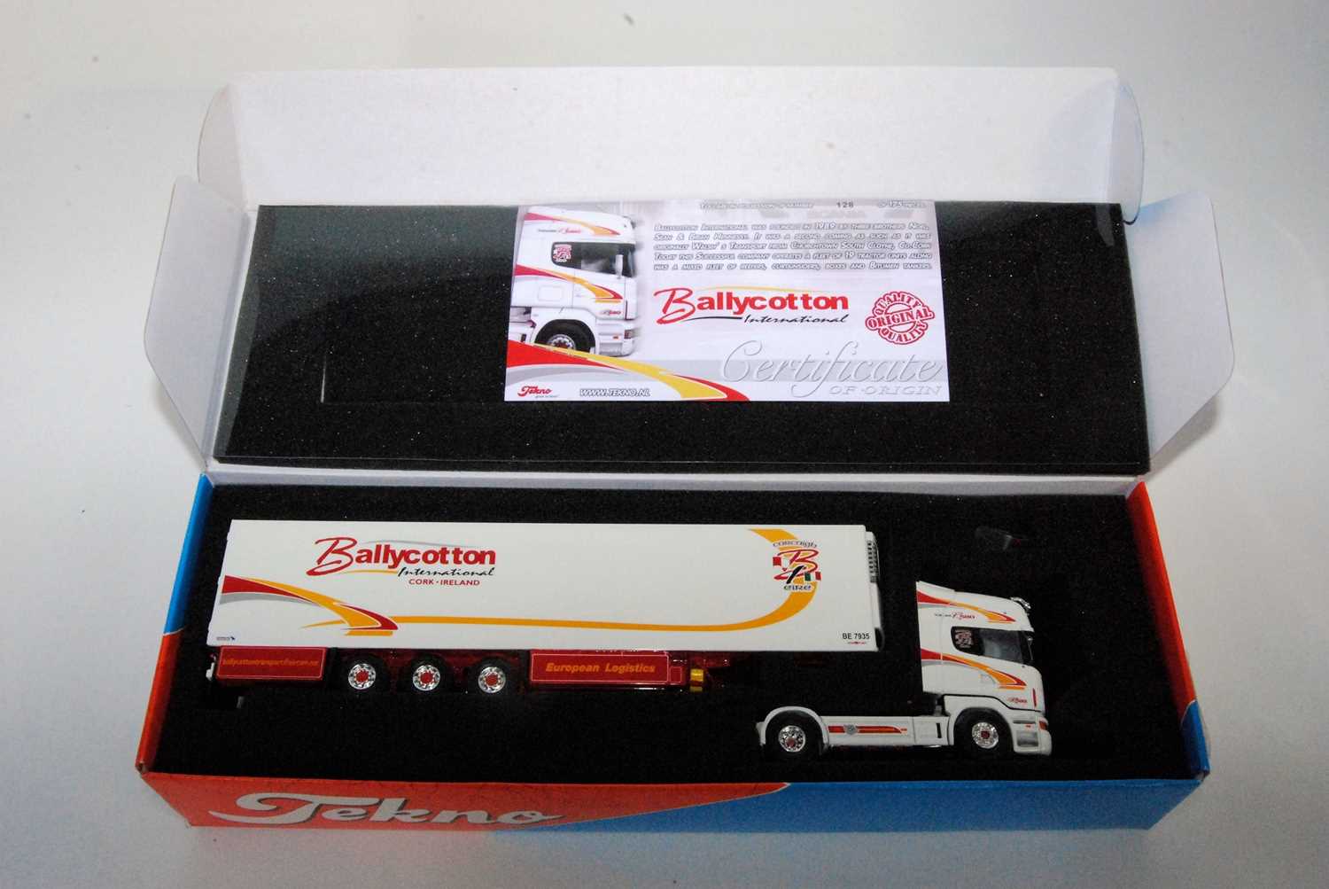 A Tekno 1/50 scale boxed model of a Bally Cotton International model of a Scania R580 tractor unit
