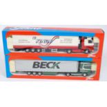 A Tekno 1/50 scale boxed road haulage diecast group to include a Beck Scania 164L tractor unit