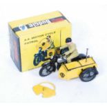 A Budgie Models No.452 AA motorcycle patrol, comprising of yellow and black body with original