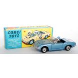 A Corgi Toys No. 318 Lotus Elan S2 comprising of metallic blue body, spun hubs, driver figure and