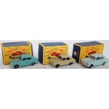 A Matchbox 1/75 series boxed saloon diecast group, three examples all with overpainted wheels to