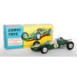 A Corgi Toys No. 155 Lotus Climax F1 Grand Prix racing car, comprising of green body with yellow