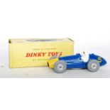 A Dinky Toys No. 234 Ferrari F1 race car comprising blue body with yellow nose cone and spun hubs