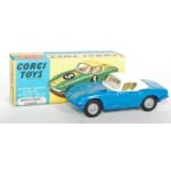 A Corgi Toys No. 319 Lotus Elan Coupe, comprising of blue body with white hood and off-white
