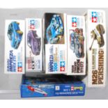 Six various boxed Tamiya and Revell mixed scale military classic car and aircraft kits to include