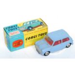 A Corgi Toys No. 226 Morris Mini Minor comprising of blue body with red interior and spun hubs