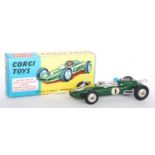 A Corgi Toys No. 155 Lotus Climax F1 Grand Prix racing car, comprising of green body with yellow