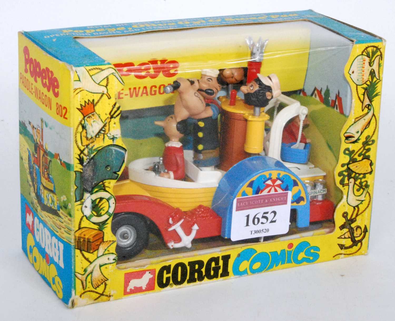 A Corgi Toys No. 802 Popeye's Paddle Wagon, finished in yellow with red chassis, white upper body