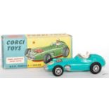 A Corgi Toys No. 152S BRM F1 Grand Prix race car comprising of turquoise body, racing No. 1, and