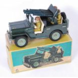 An SSS Toys of Japan tinplate and friction drive model of an anti-aircraft Jeep, comprising of