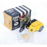 A Zebra Toys No.6 AA motorcycle patrol, comprising of a black and yellow body with cast spoked