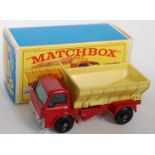 A Matchbox Regular Wheels No. 70B Ford grit spreader comprising of red cab and chassis with lemon