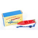 A Matchbox 1:75 series No.48 trailer with removable sports boat, comprising of dark blue trailer