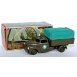 A Tekno No. 951 military covered wagon comprising of drab green body with cloth canopy and roof