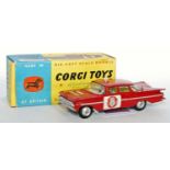 A Corgi Toys No. 439 Chevrolet Fire Chief Patrol Car, comprising of red body with silver flash and