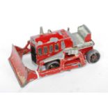 A MOKO diecast model of a mechanical tractor-bulldozer, has been overpainted in red and light