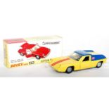 A Dinky Toys No. 218 Lotus Europa comprising yellow and blue body with black interior and cast