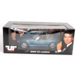 A UT Models 1/18 scale model of a James Bond 007 Goldeneye BMW Z3 Roadster, comprising metallic blue