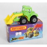 A Matchbox Superfast No. 29 tractor shovel finished in lime green with yellow shovel and yellow
