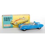 A Corgi Toys No. 151A Lotus Mk11 Le Mans racing car, comprising blue body, red interior and racing