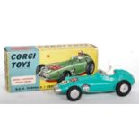 A Corgi Toys No. 152S BRM F1 Grand Prix race car comprising of turquoise body with racing No. 3