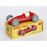 A Dinky Toys No. 231 Maserati racing car comprising of red body with white nose flash, white driver,