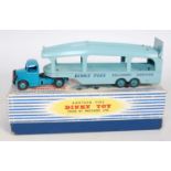 A Dinky Toys No. 582 Pullmore Car Transporter comprising of dark blue cab and chassis with light