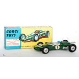 A Corgi Toys No. 155 Lotus Climax F1 Grand Prix racing car, comprising of green body with yellow